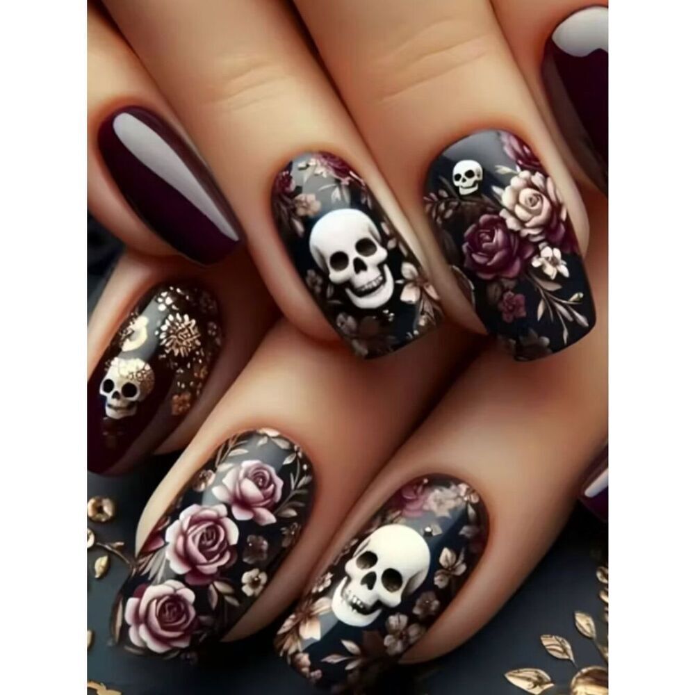 NWT Dark Gothic Skull & Rose Press-On Nails Almond Fake Nails Halloween